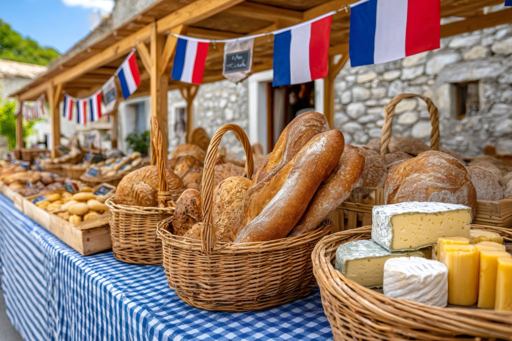 french bread and cheese displayed on market stall with french flags french bread and cheese displayed on market stall with french flags